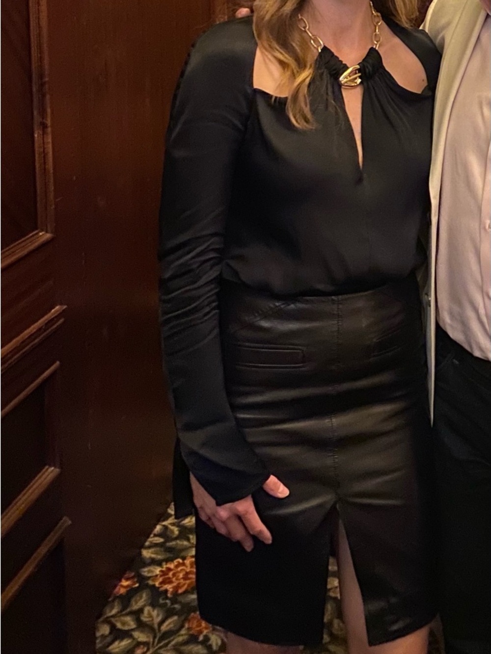 Jonathan Simkhai Black Satin Blouse with Gold Chain